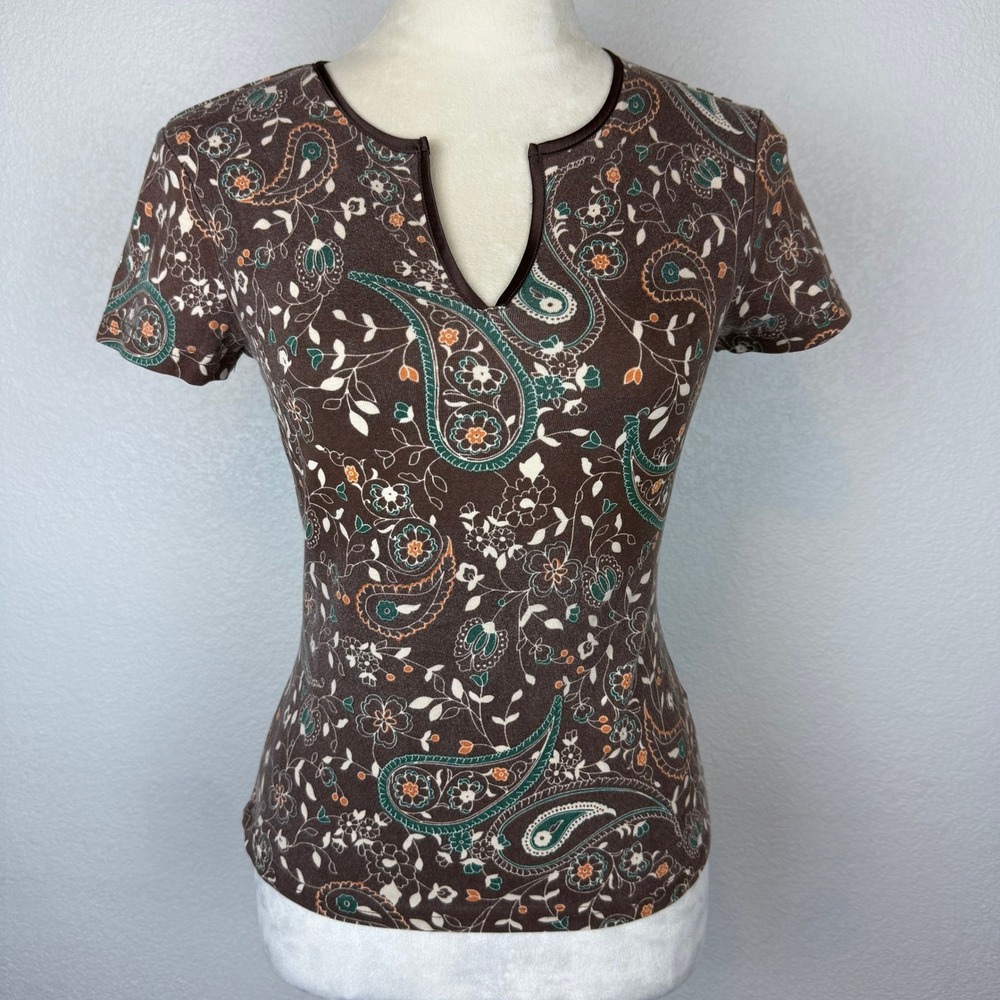 Trendy High Sierra Women's Brown Paisley Floral Satin VNeck Short Sleeve Top Y2K